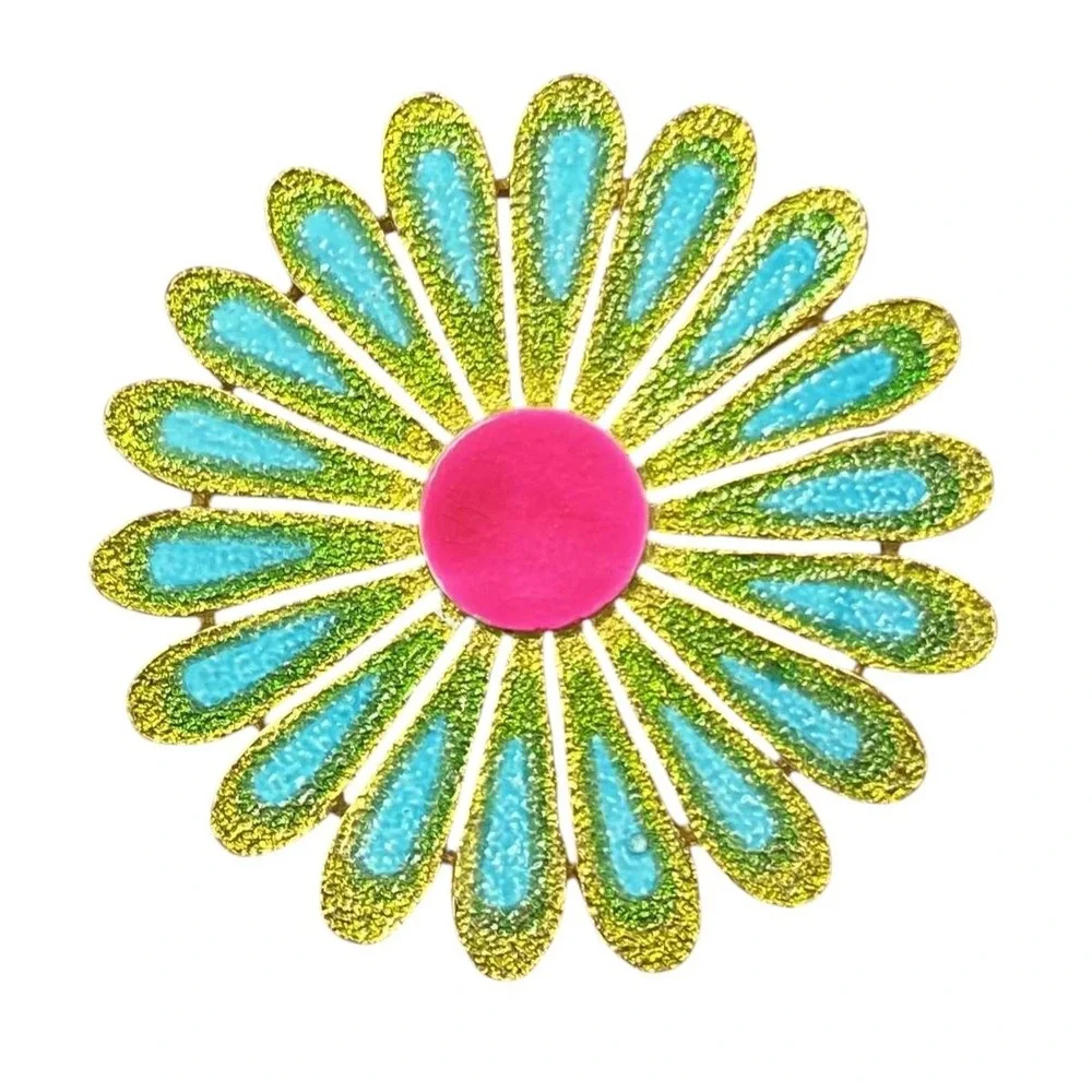 Vintage Vibrant Large Daisy Flower Turquoise Blue & Green Enamel Pin Brooch